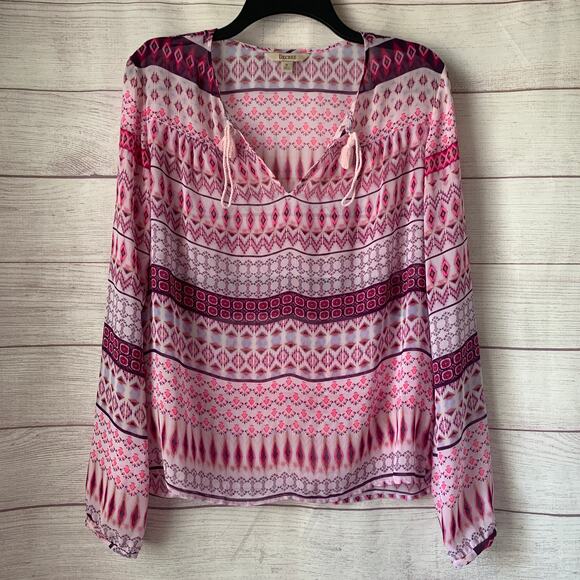 Decree Pink Sheer Geometric Pattern Blouse Swim Cover Up Tie Neck Size M - Picture 1 of 16
